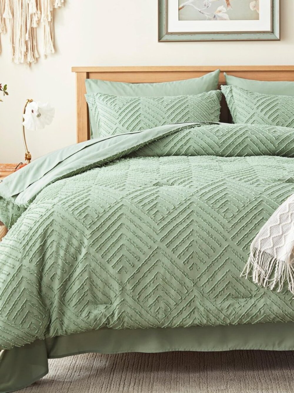 King Size Comforter Set 7 Piece, Sage Green Bed in a Bag King Bedding Sets